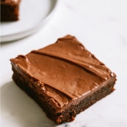A Frosted Chocolate Lunch Lady Brownie on a white background.