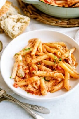 pink sauce chicken pasta bake on a plate