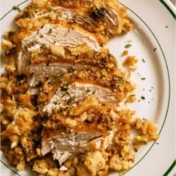 Slow Cooker Swiss Chicken sliced on a plate.
