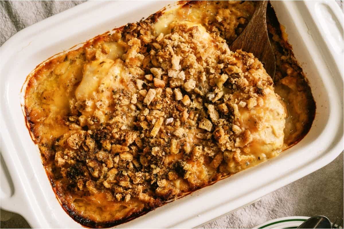 Slow Cooker Swiss Chicken in baking dish.
