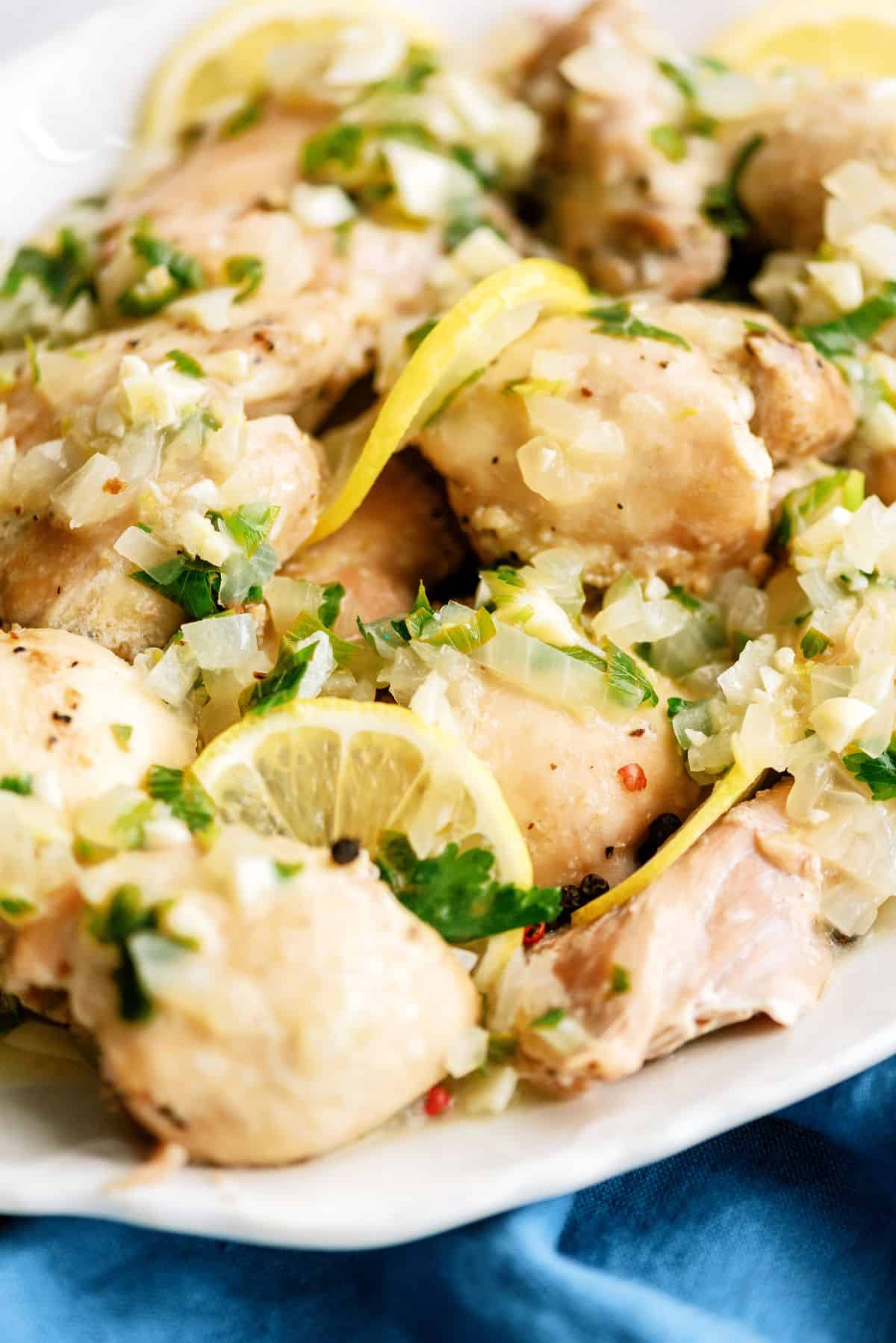 Instant Pot Chicken Thighs with Lemon Pepper Glaze on a platter