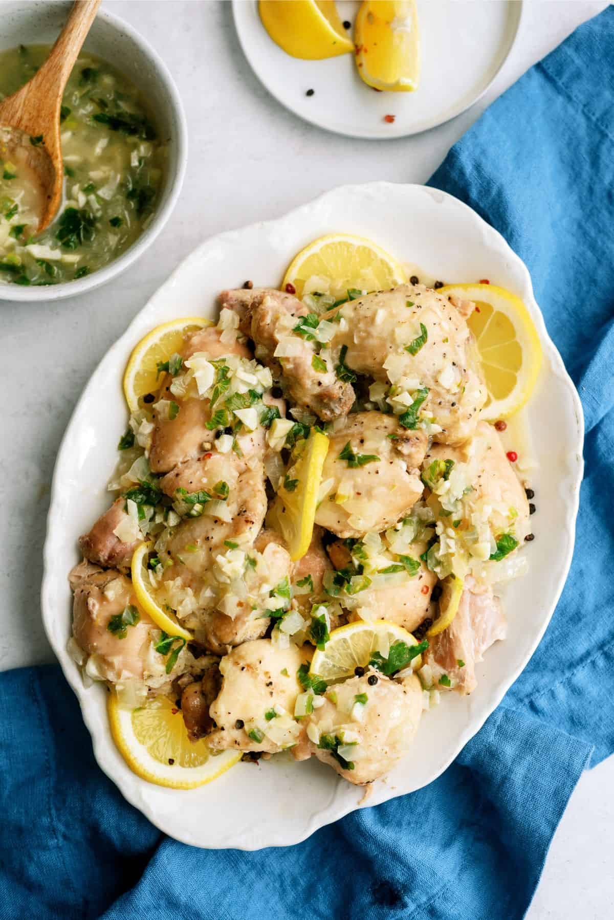 A platter of Instant Pot Chicken Thighs with Lemon Pepper Glaze