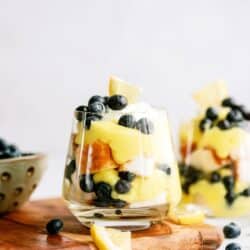 Cups with individual servings of Lemon Blueberry Trifle.