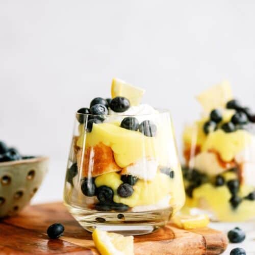Cups with individual servings of Lemon Blueberry Trifle.