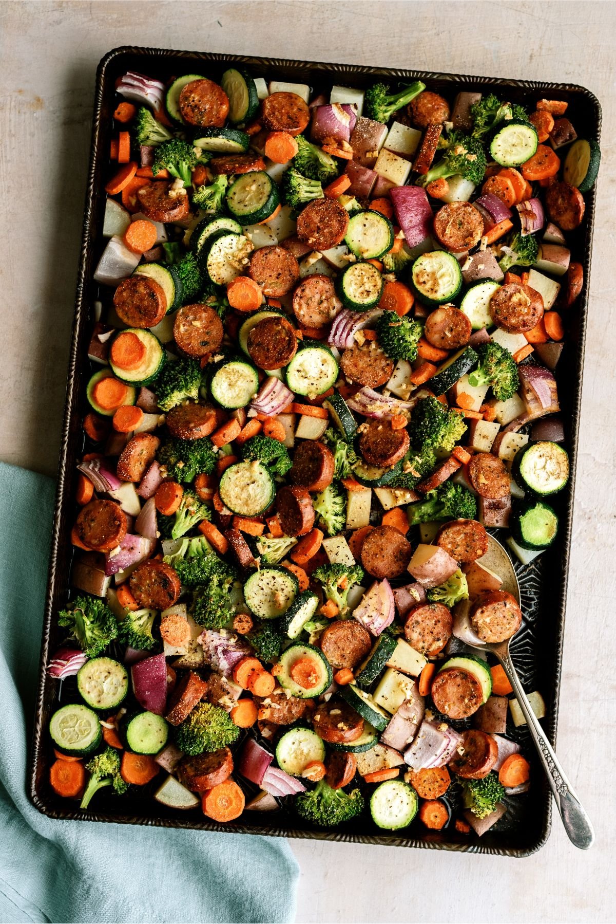 One Pan Garlic Sausage and Vegetables on a sheet pan