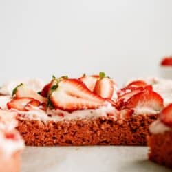 Side view of Frosted Strawberry Sheet Cake showing the cake layer.