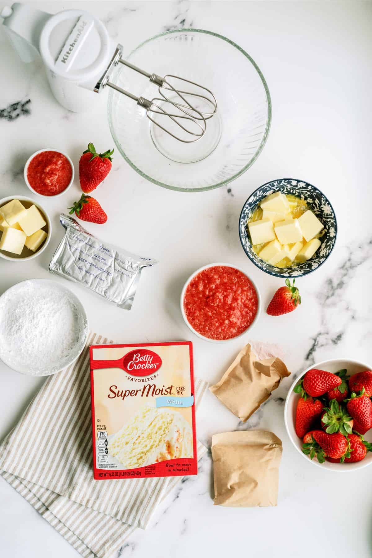 Ingredients needed to make Frosted Strawberry Sheet Cake.
