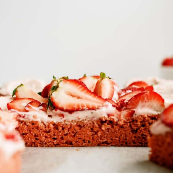 Side view of Frosted Strawberry Sheet Cake showing the cake layer.