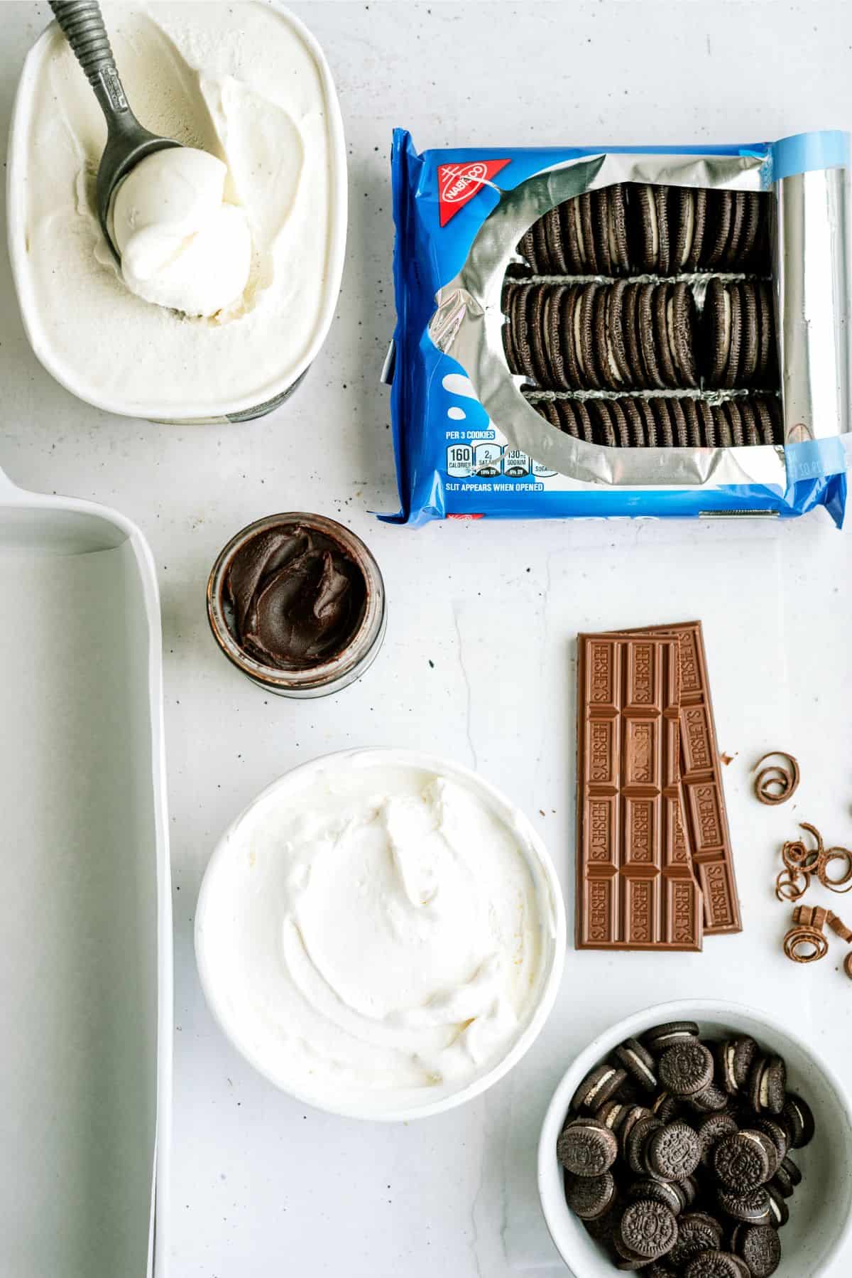Ingredients needed to make No-Bake Oreo Ice Cream Cake Dessert (Nummy Mess Recipe).