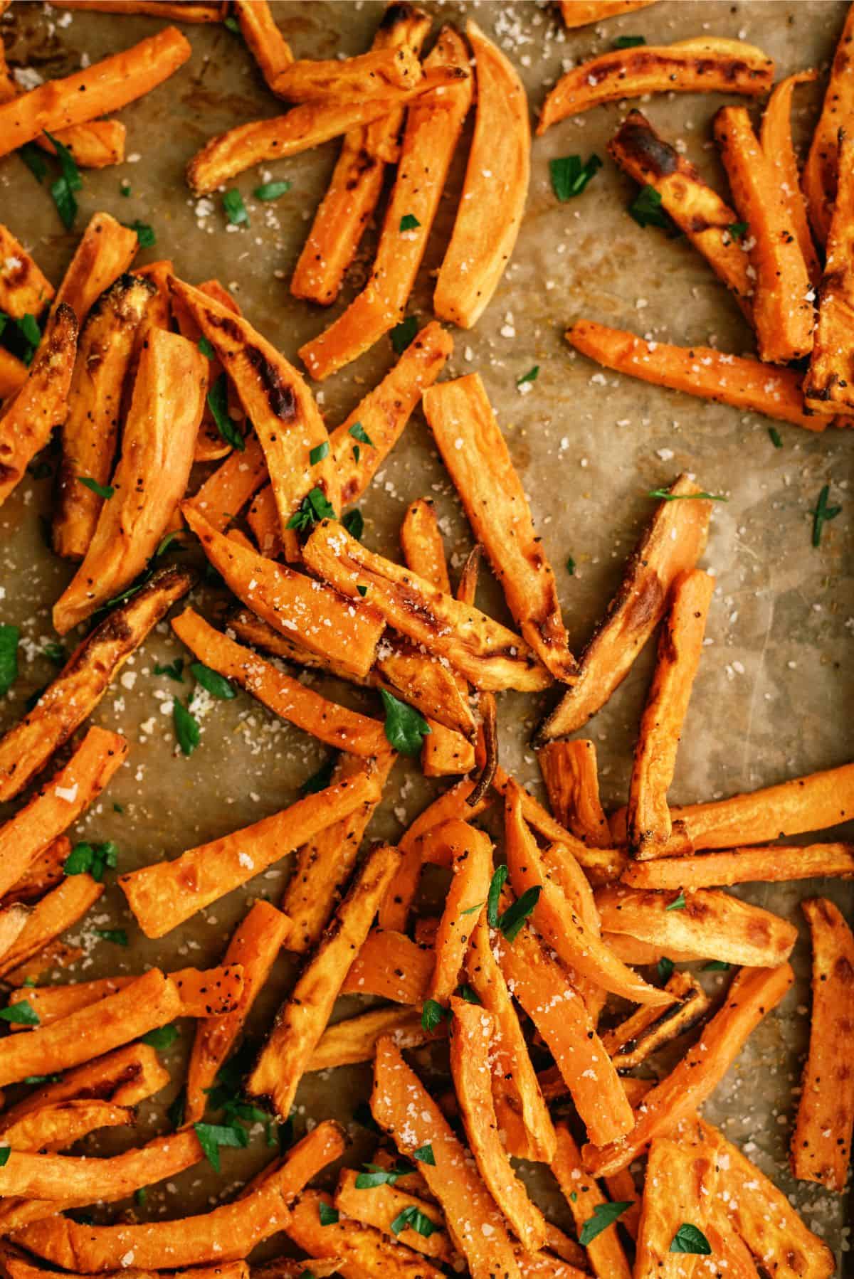 Baked Sweet Potato Fries on a baking sheet