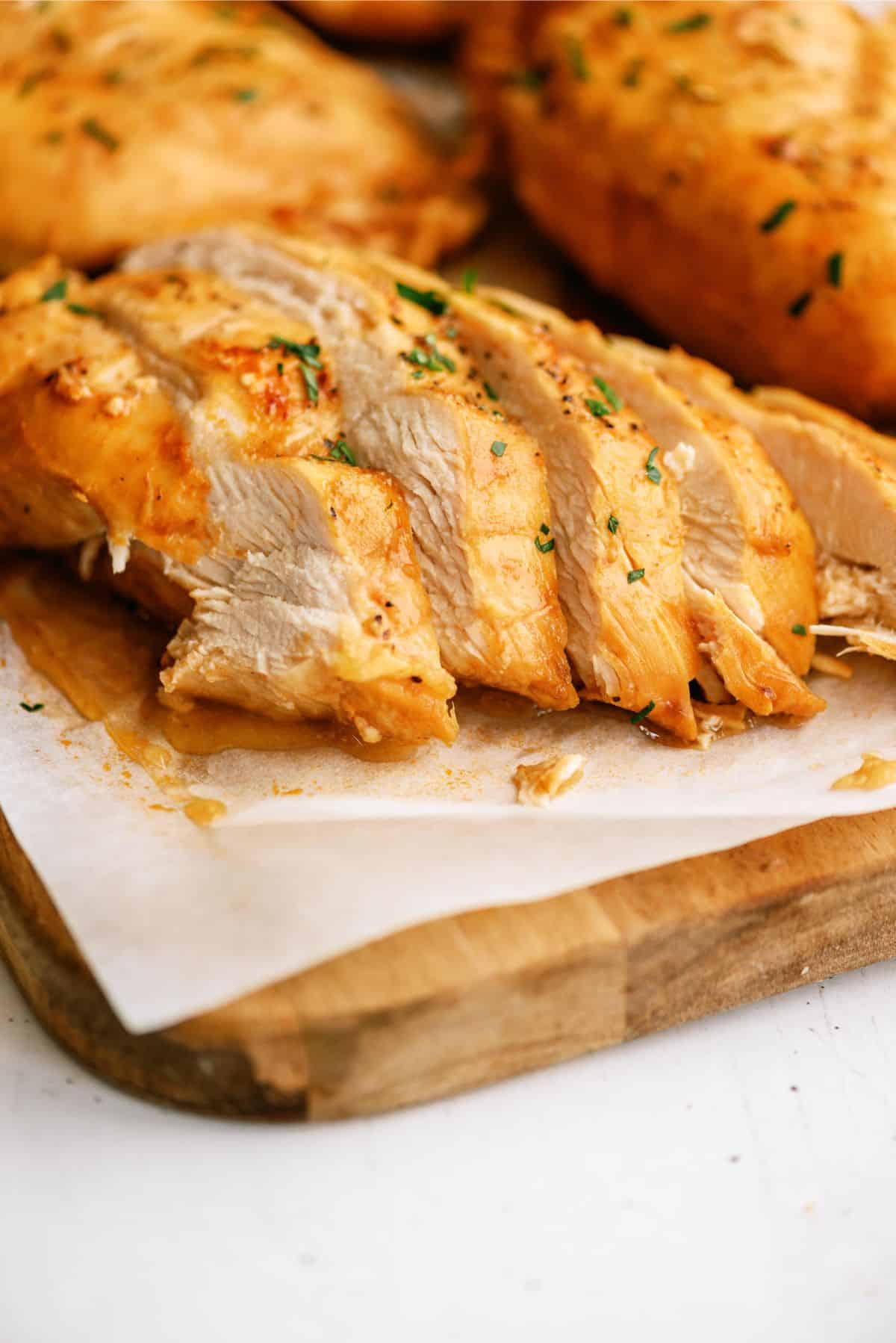 Close up of Instant Pot Sweet Baby Ray's Chicken sliced 