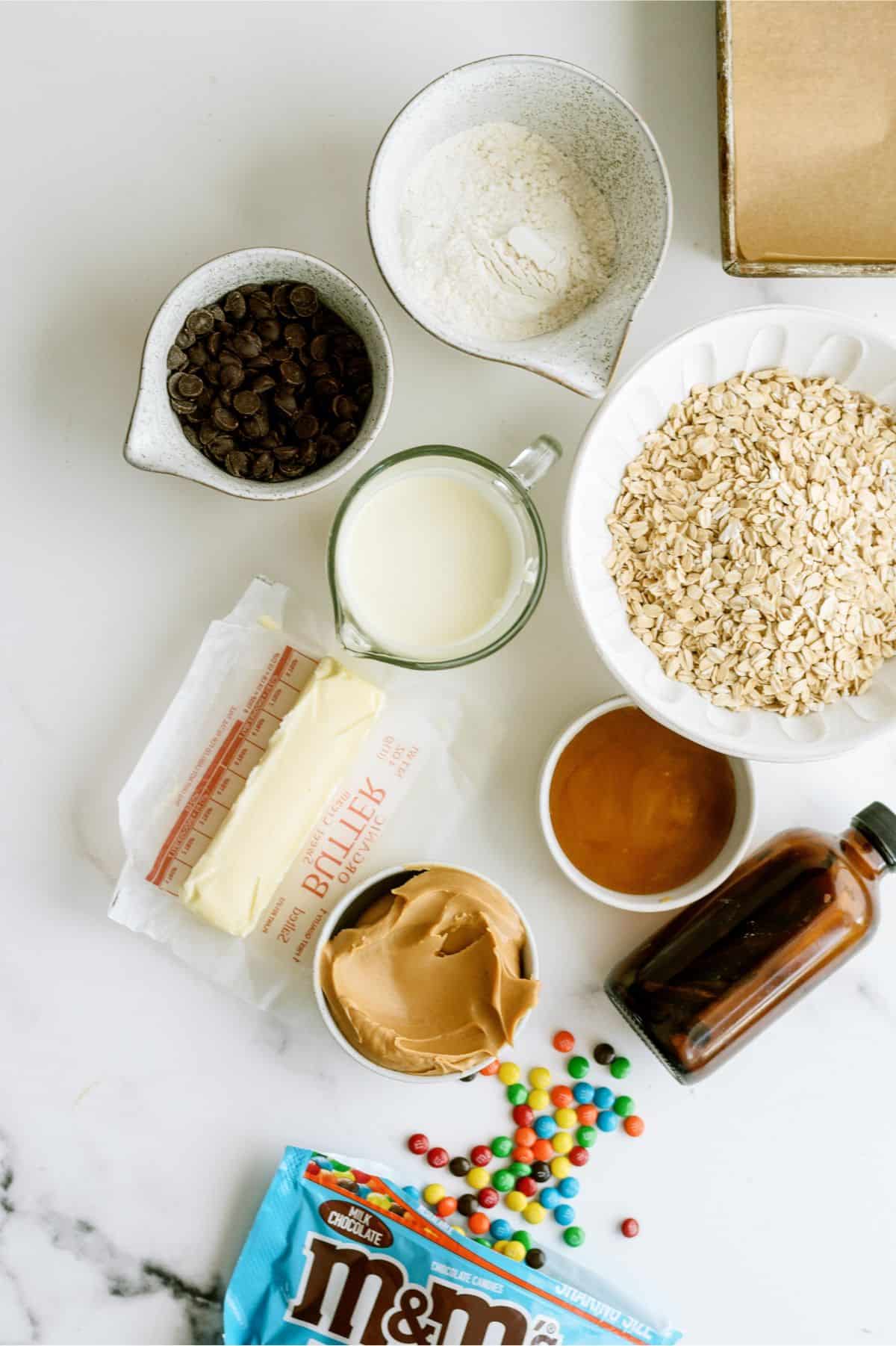 Ingredients needed to make Monster Cookie No Bake Bars.