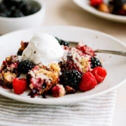 A serving of Slow Cooker Berry Cobbler on a plate with a fork topped with a scoop of ice cream.