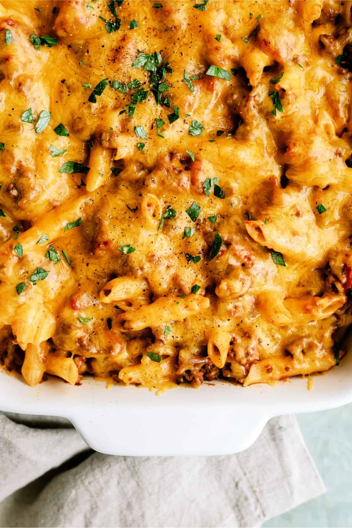 Close up of Easy Cheeseburger Casserole in casserole dish