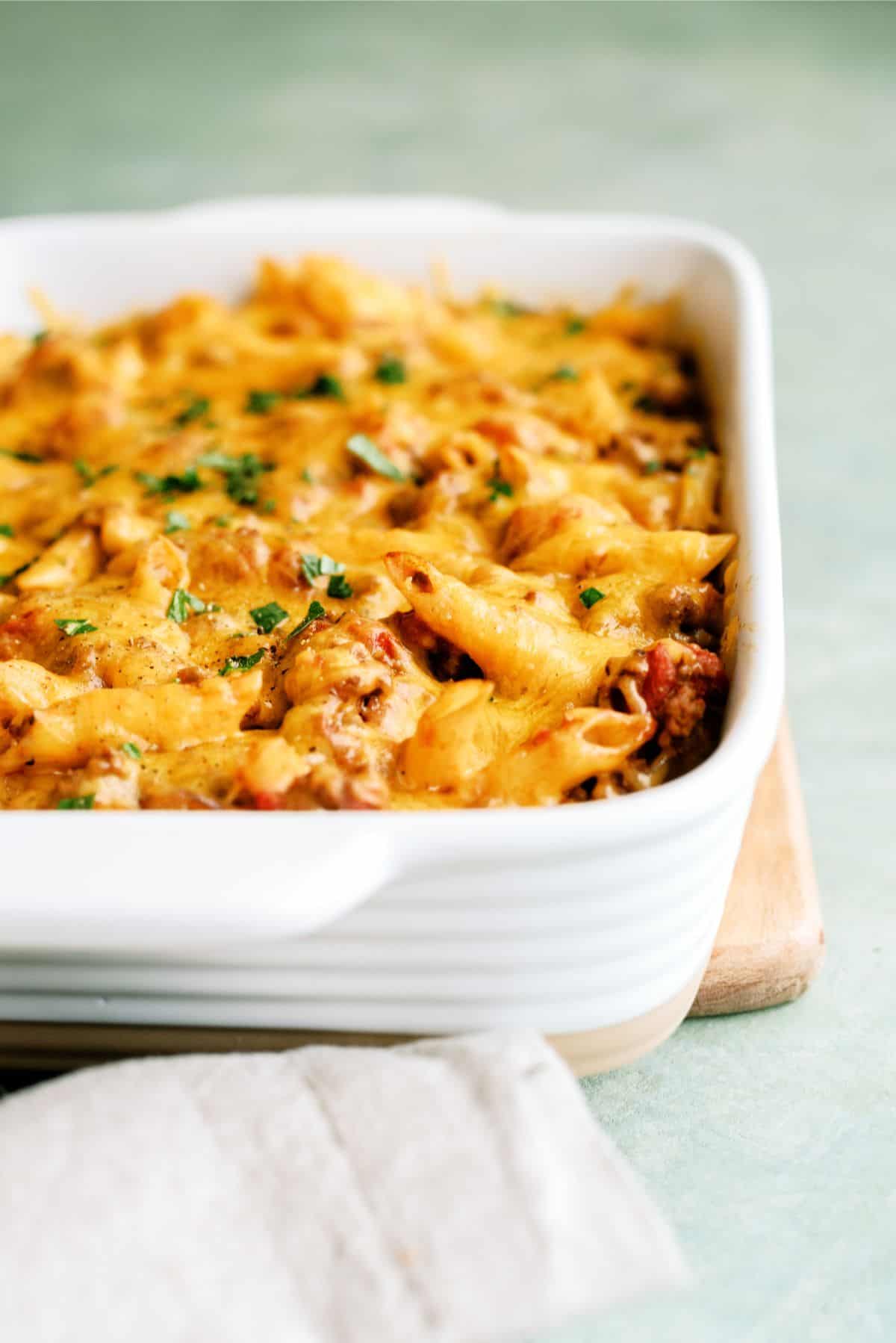 Easy Cheeseburger Casserole in casserole dish