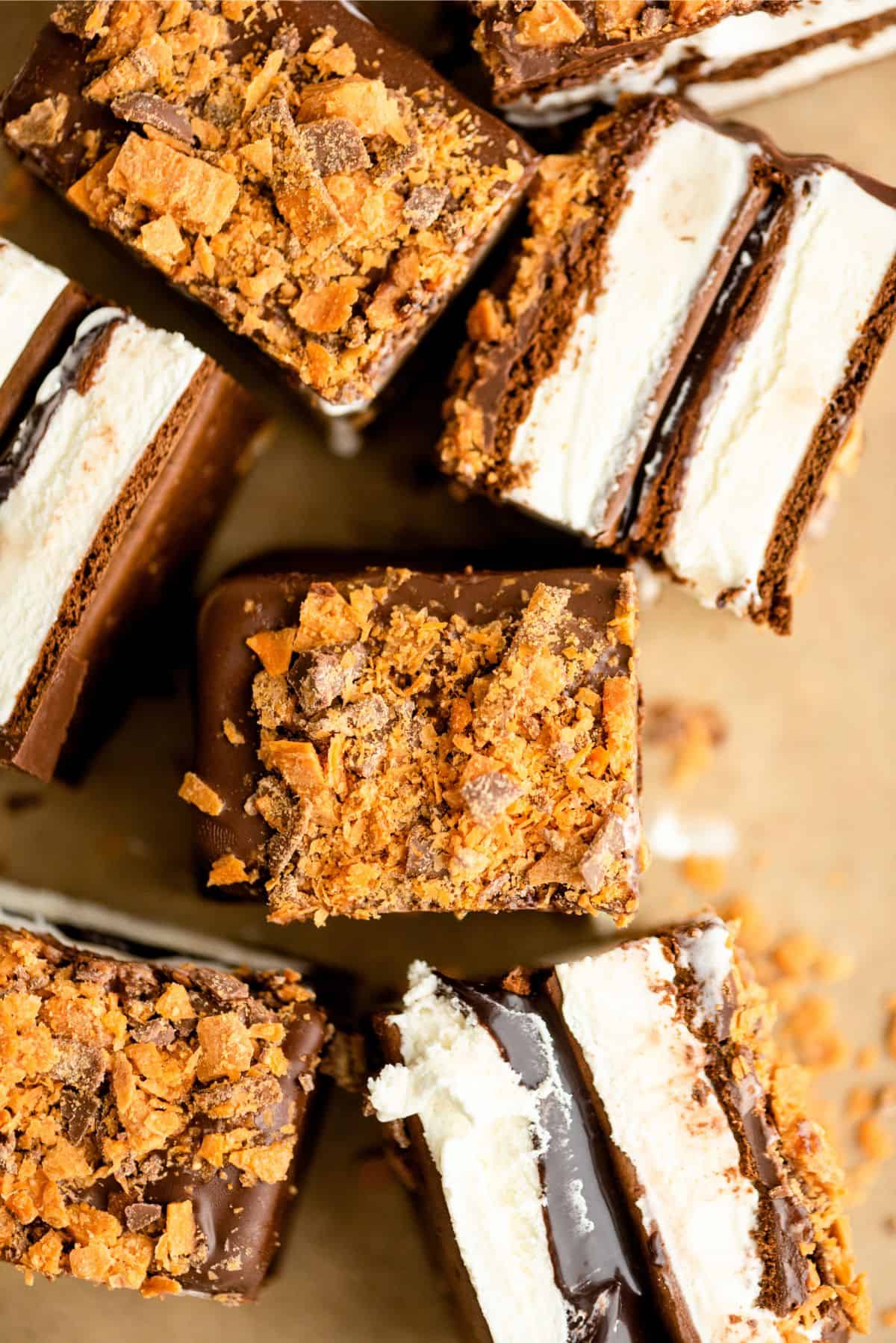 Easy Ice Cream Cake sliced into squares