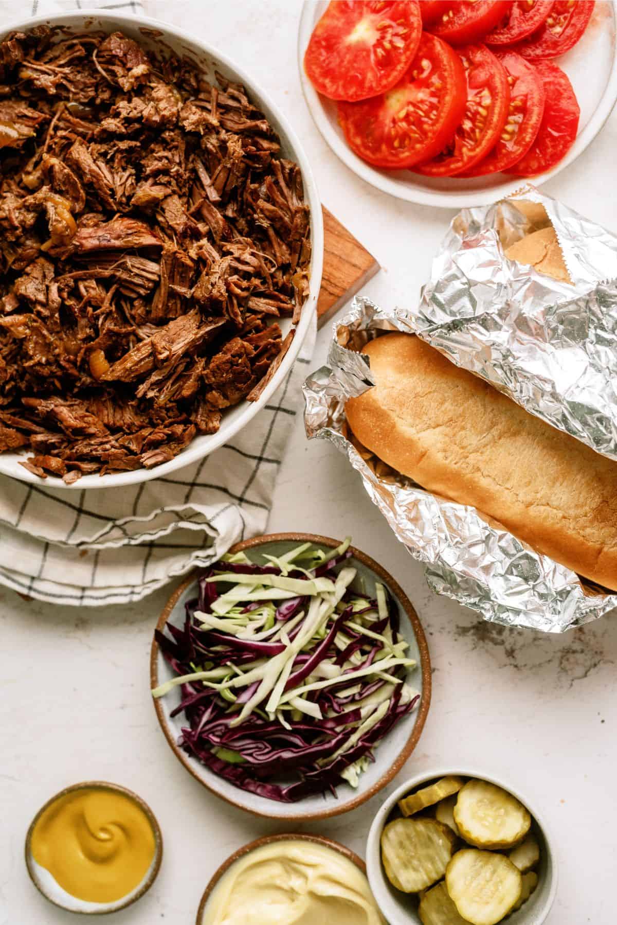 Ingredients to assemble Instant Pot Beef Po Boy Sandwiches