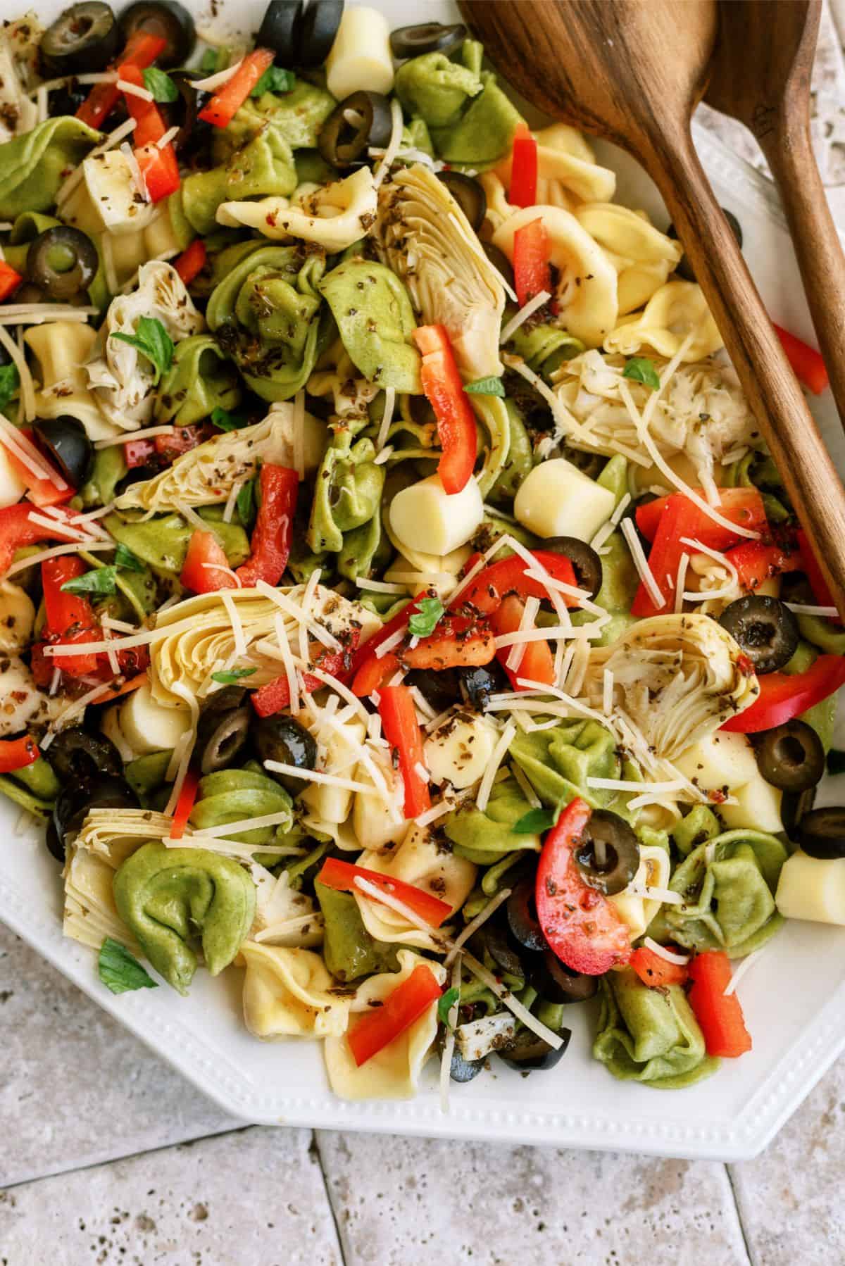 Close up of Italian Tortellini Salad on a large serving dish