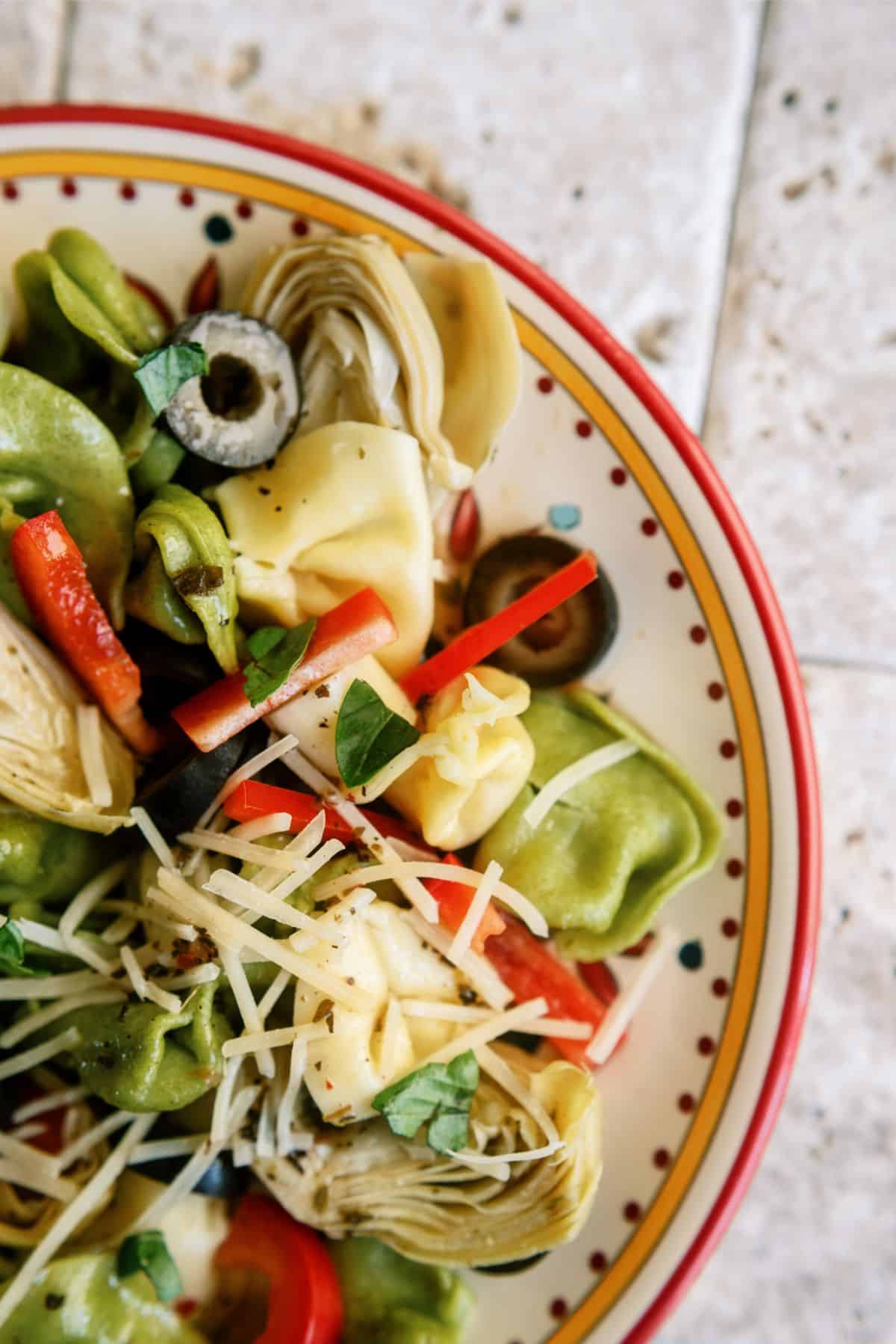 Close up of a serving of Italian Tortellini Salad on a plate