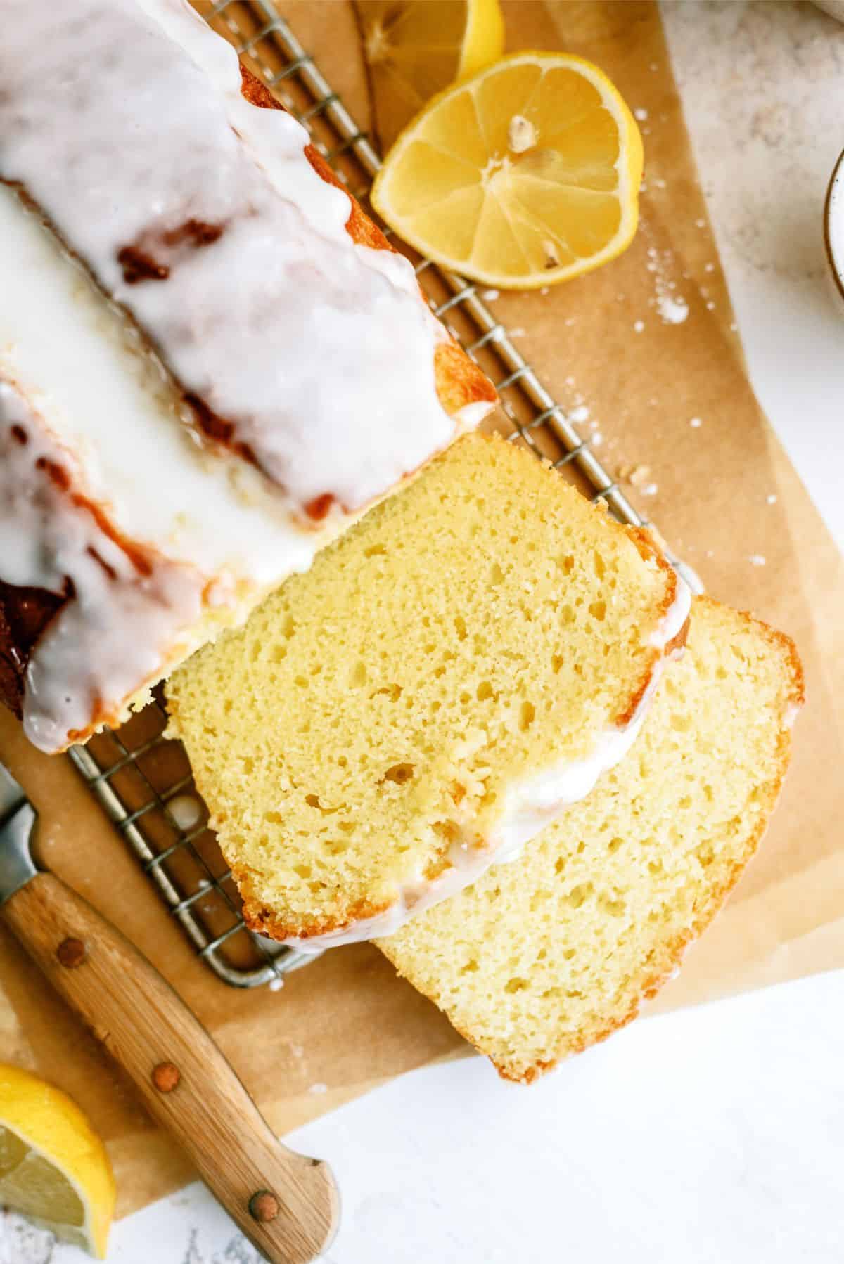 Top view of 2 slices of Lemon Yogurt Bread 