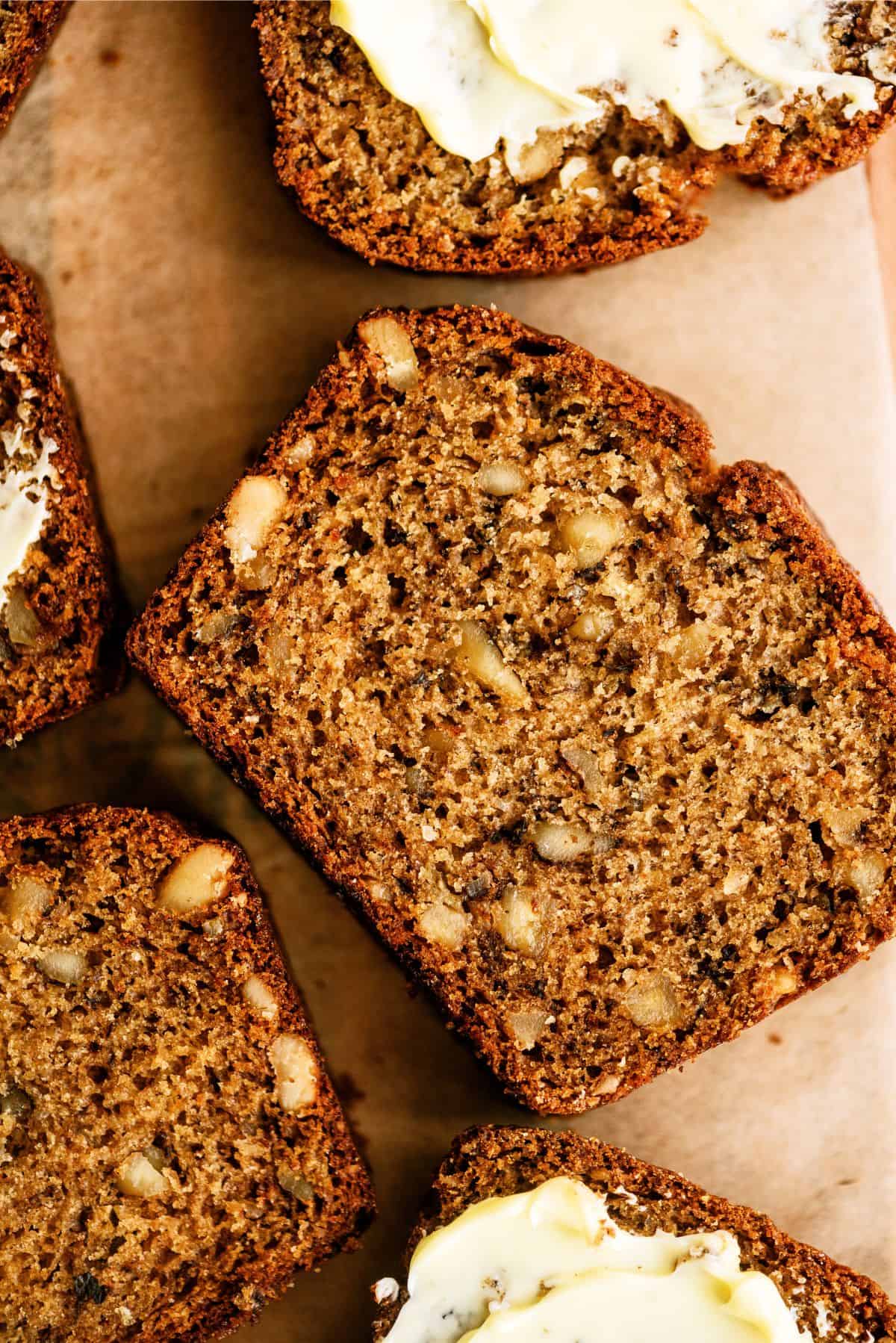 Close up of a slice of banana bread