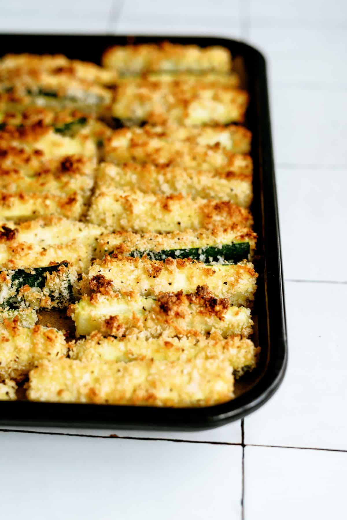 Crispy Zucchini Fries on a baking sheet