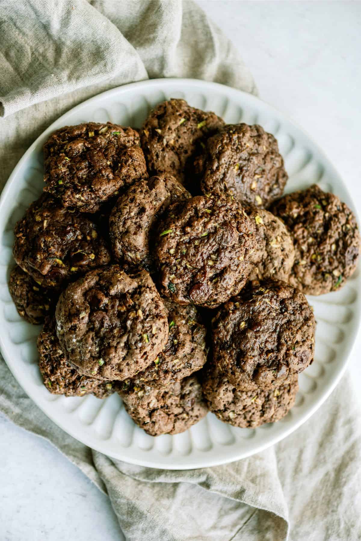 Top view of a plate Double Chocolate Zucchini Cookies.