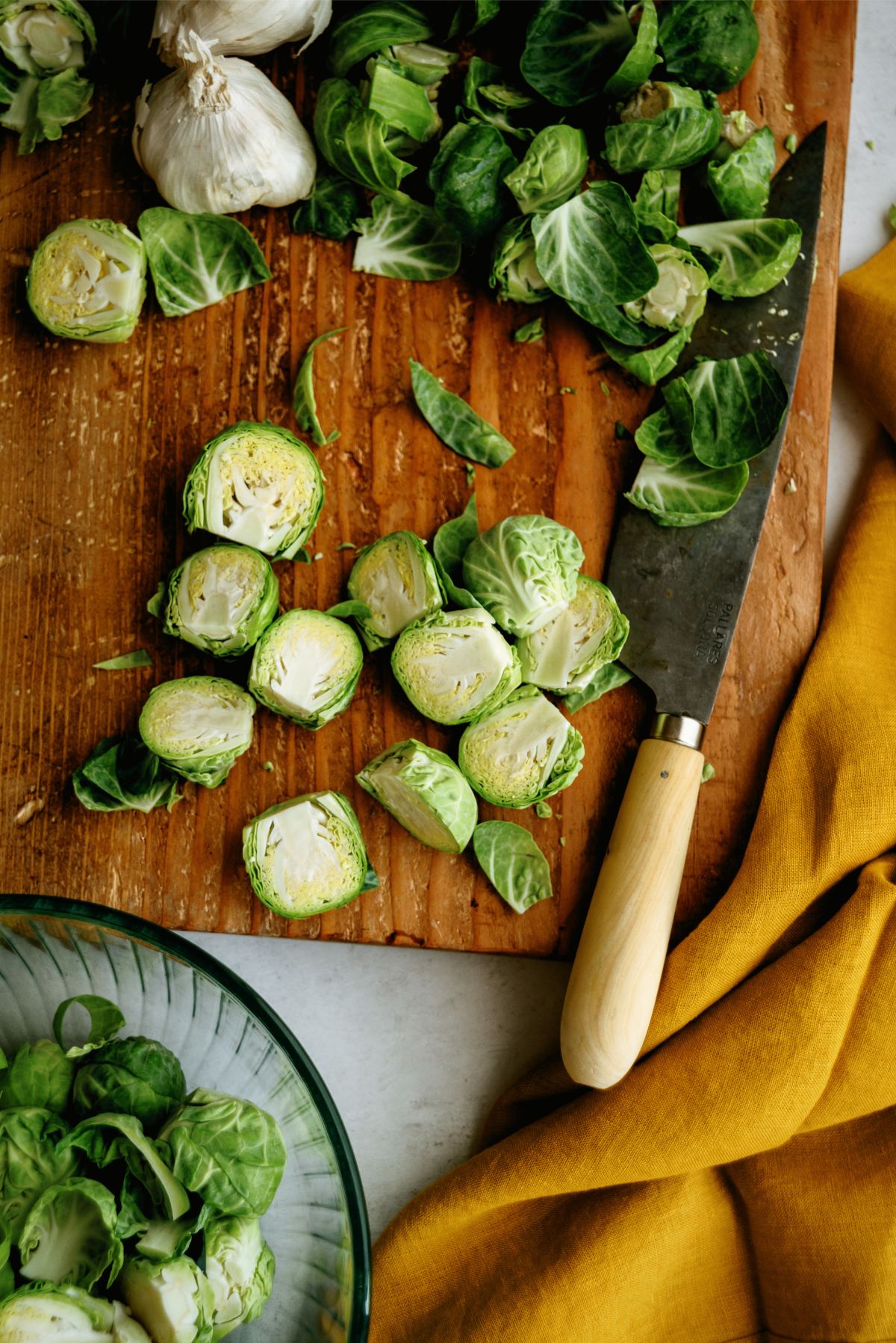 chopped brussels Sprouts on a cutting board
