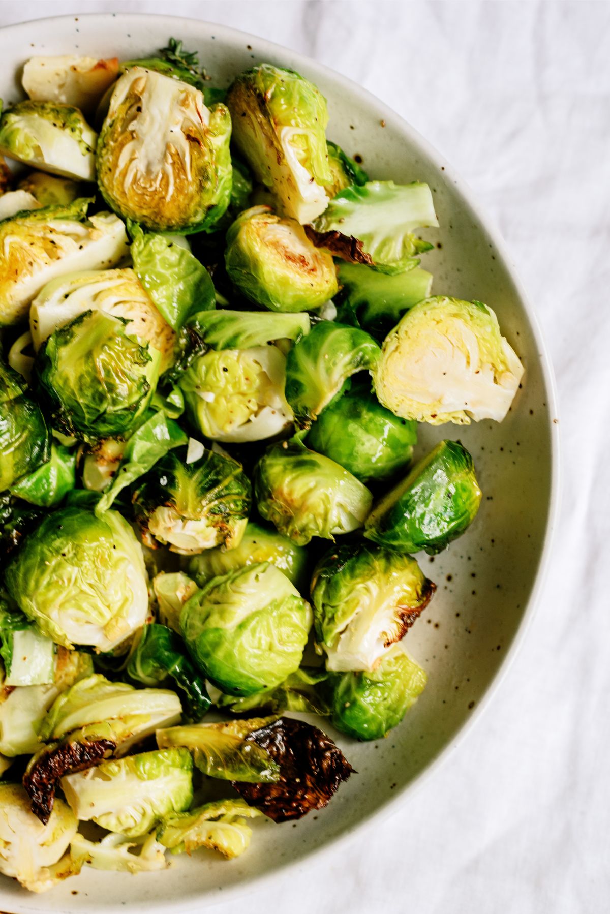 Garlic Roasted Brussels Sprouts in a serving bowl