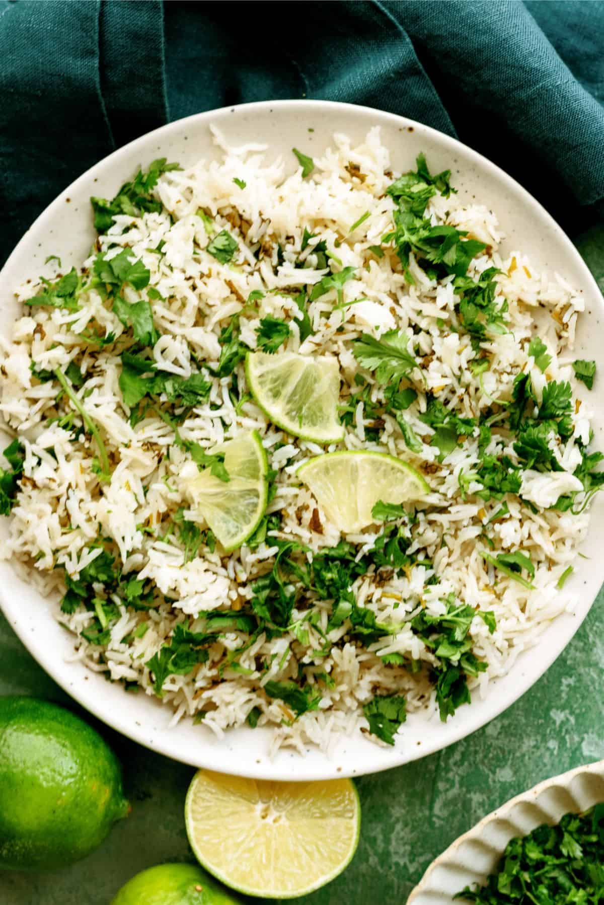 Close up of a plate of Instant Pot Cilantro Lime Rice