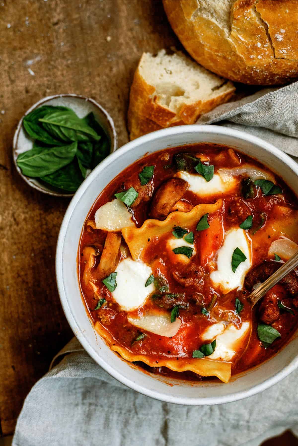 Top view of a bowl of Instant Pot Lasagna Soup