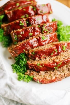 Meatloaf sliced on a cutting board