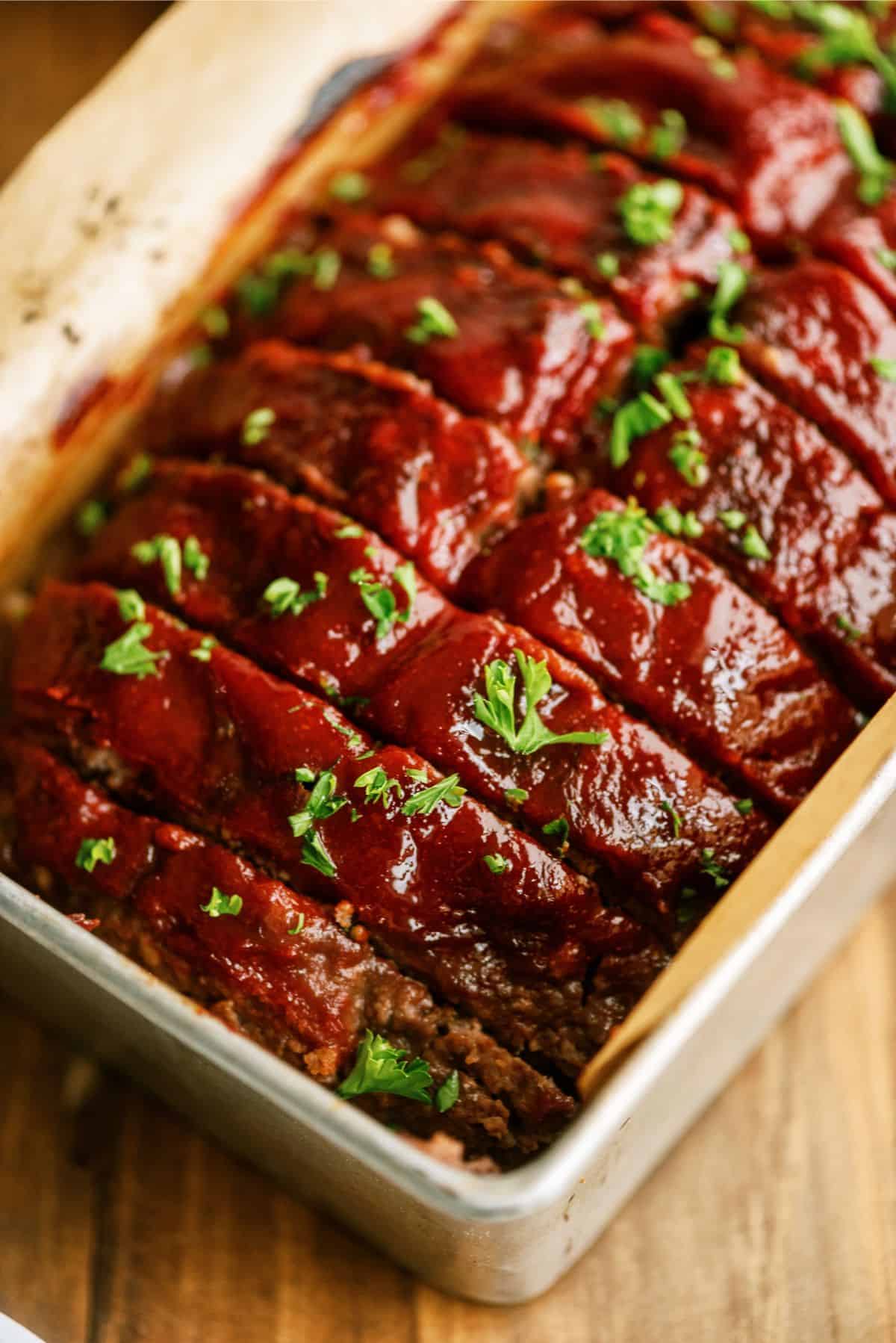 Meatloaf Recipe cooked in loaf pan and sliced