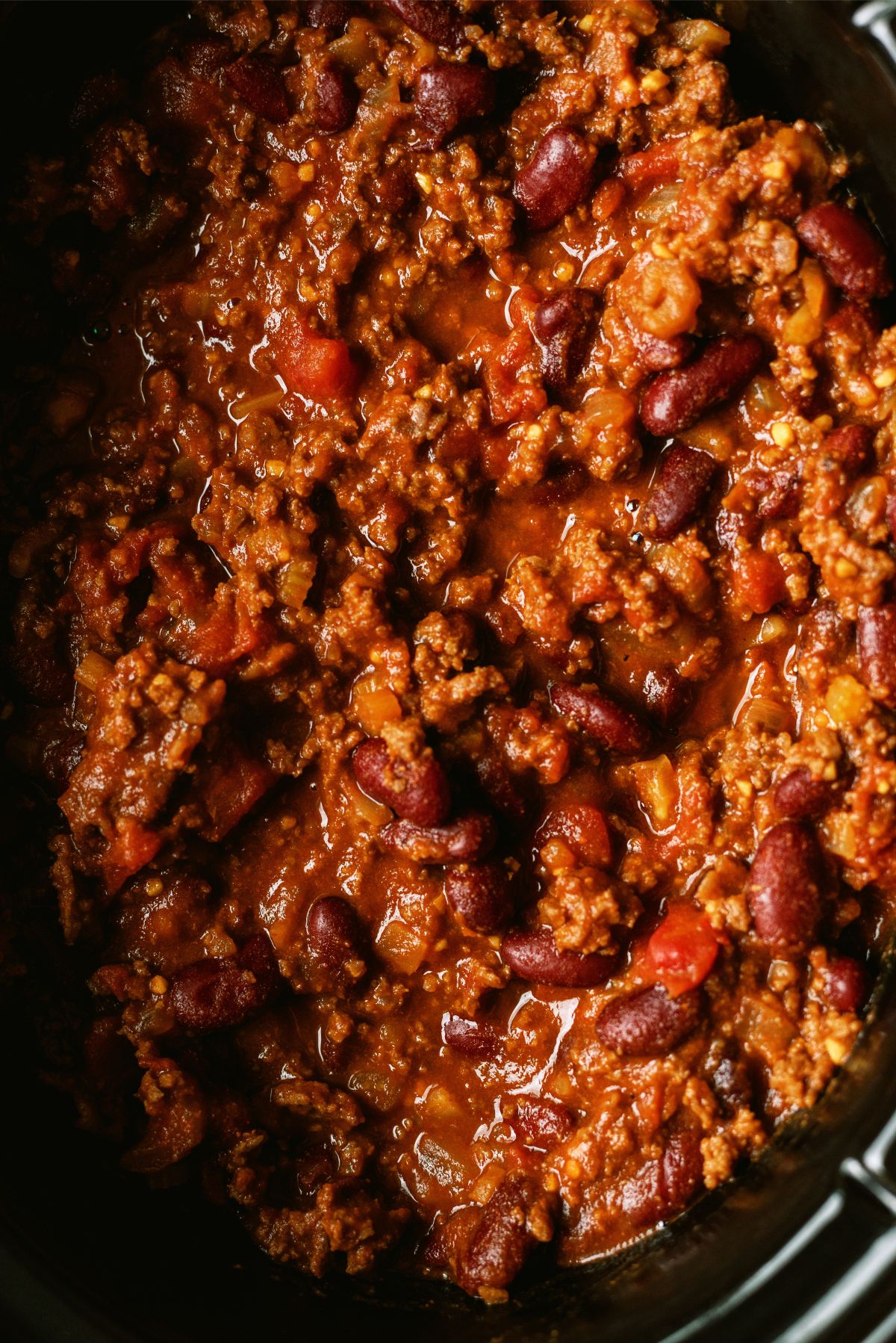Close up of Mom's Slow Cooker Chili in the slow cooker