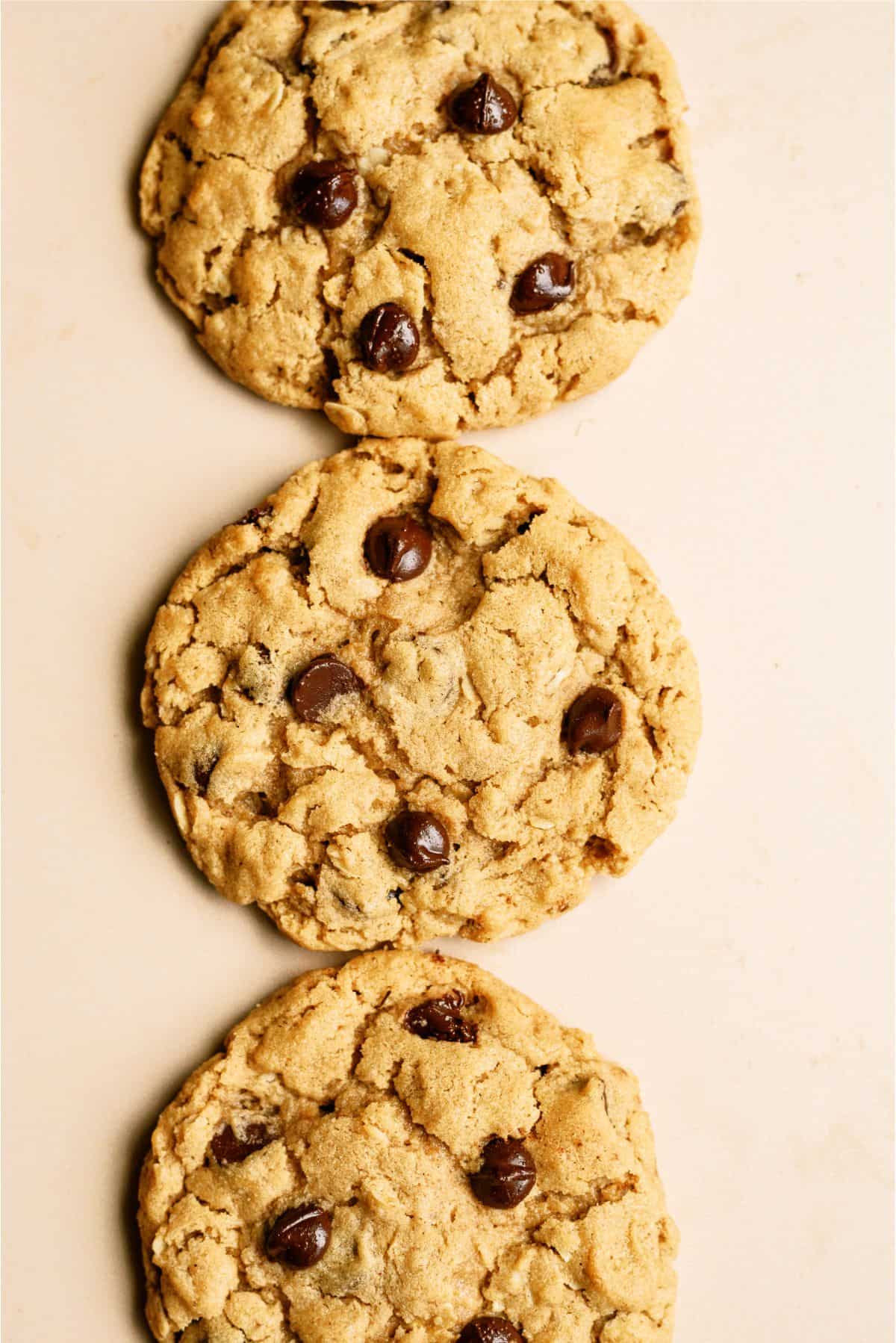 3 Oatmeal Chocolate Chip Peanut Butter Cookies lined up