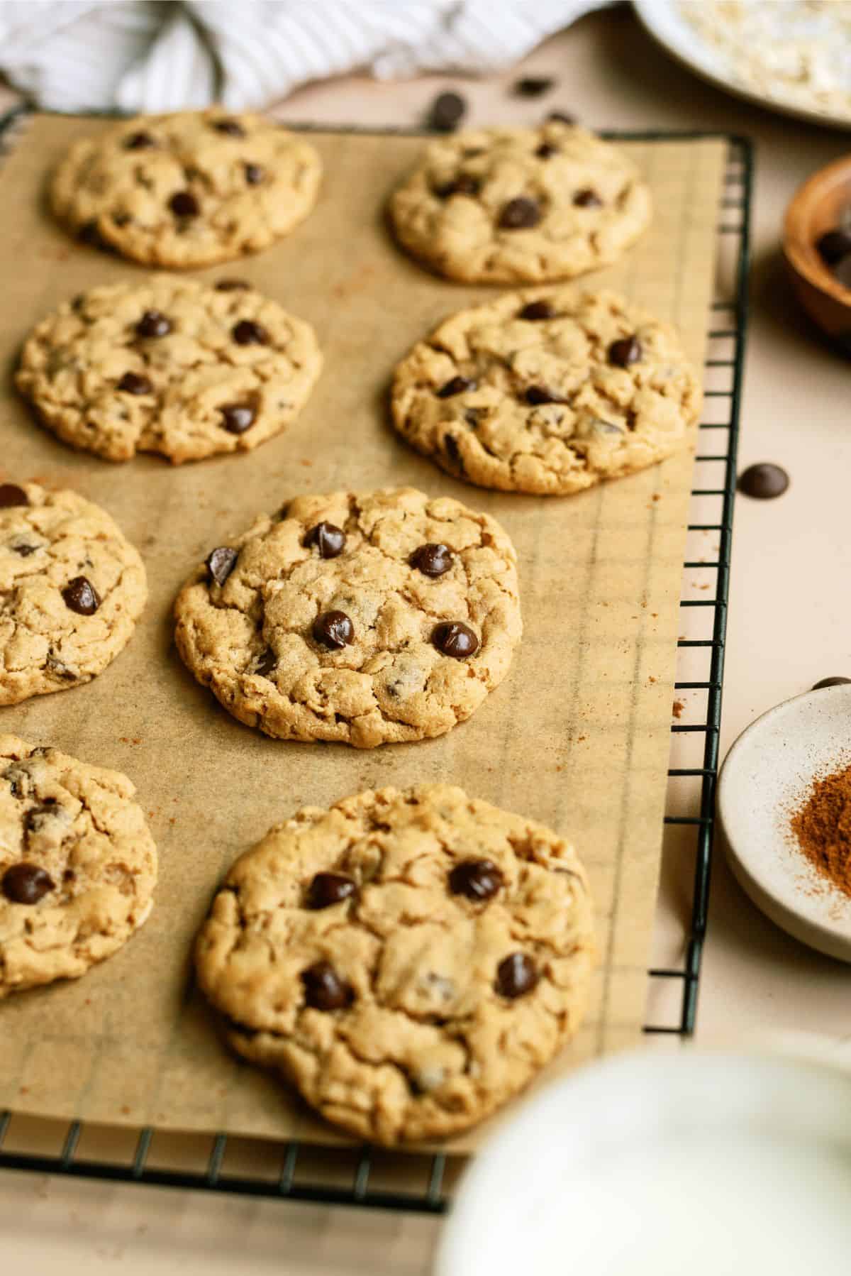 Oatmeal Chocolate Chip Peanut Butter Cookies on a cooling rack