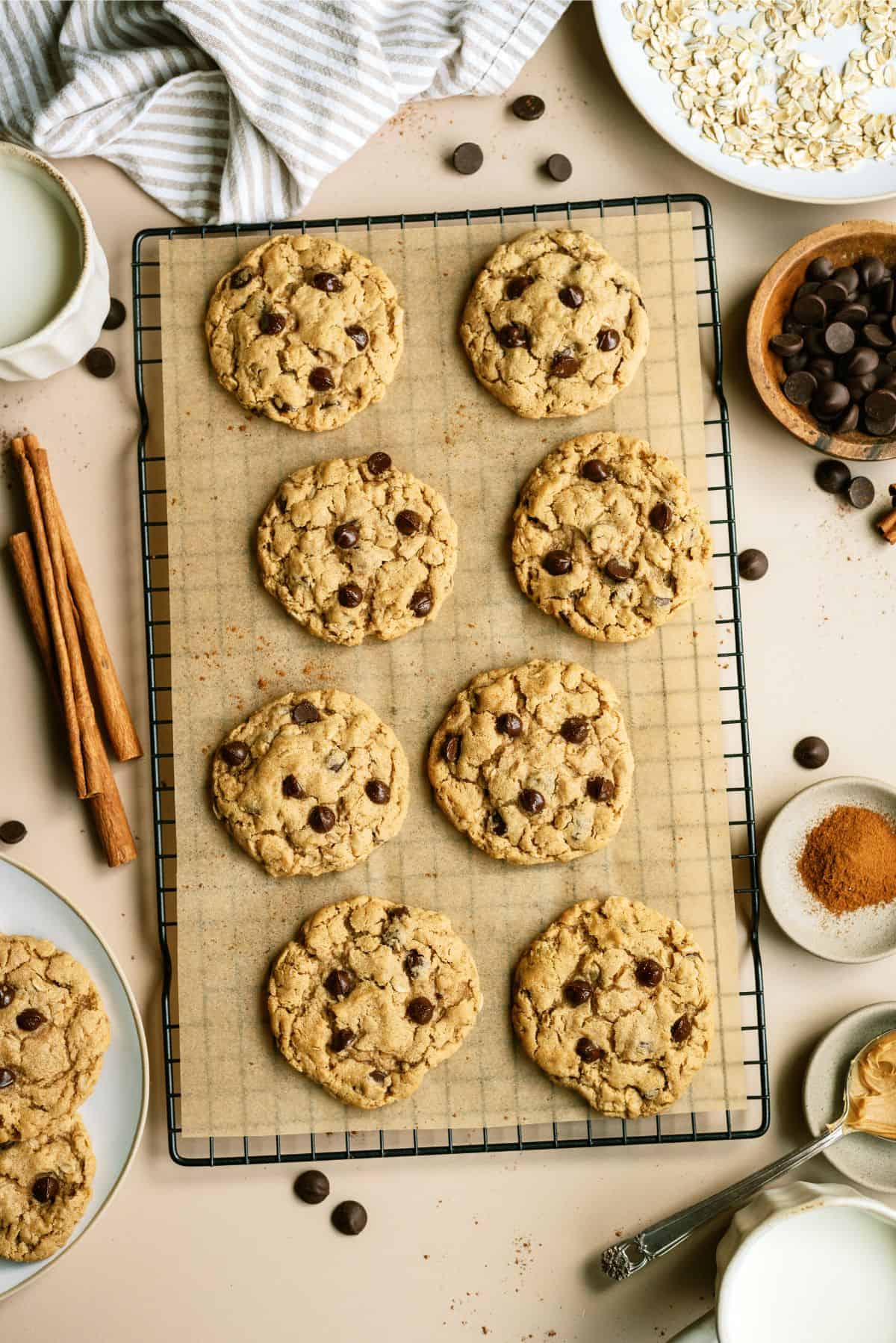 Top view of Oatmeal Chocolate Chip Peanut Butter Cookies on a cooling rack