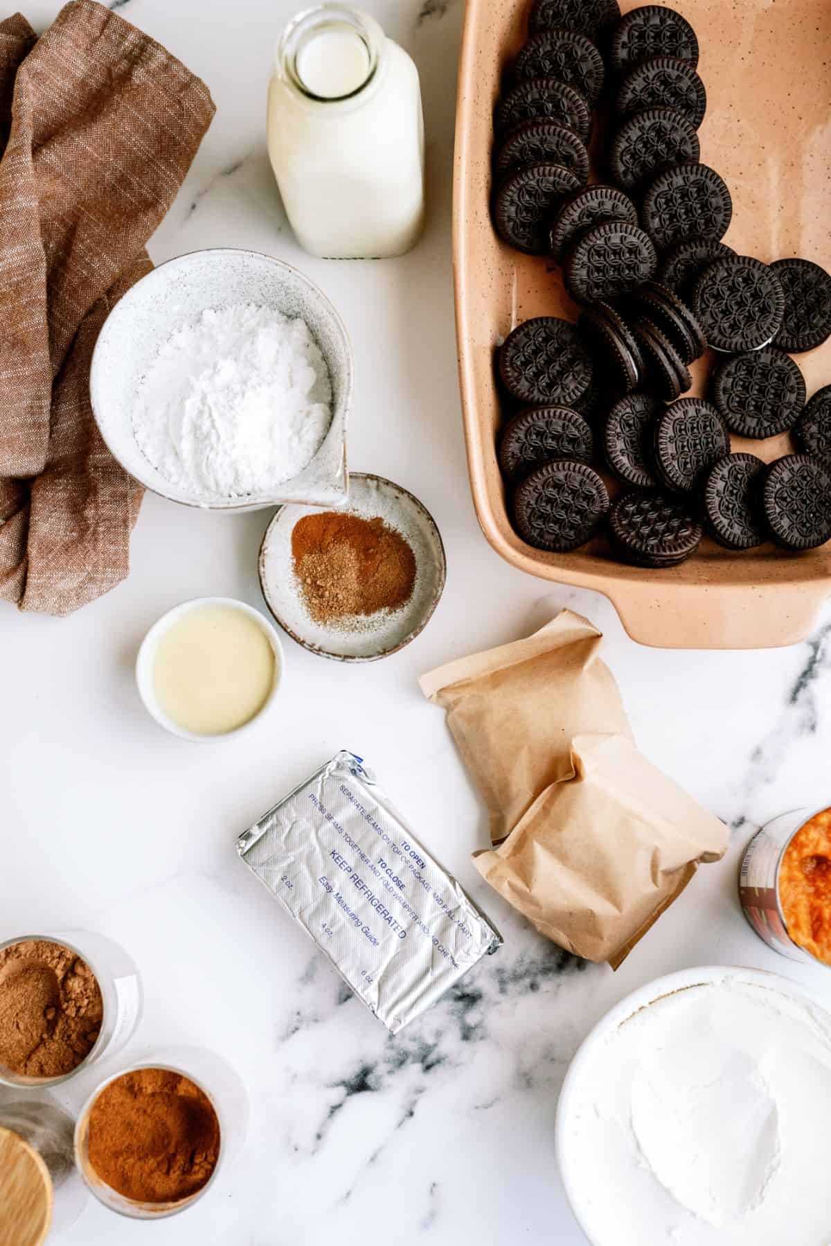 Ingredients needed to make Oreo Pumpkin Delight