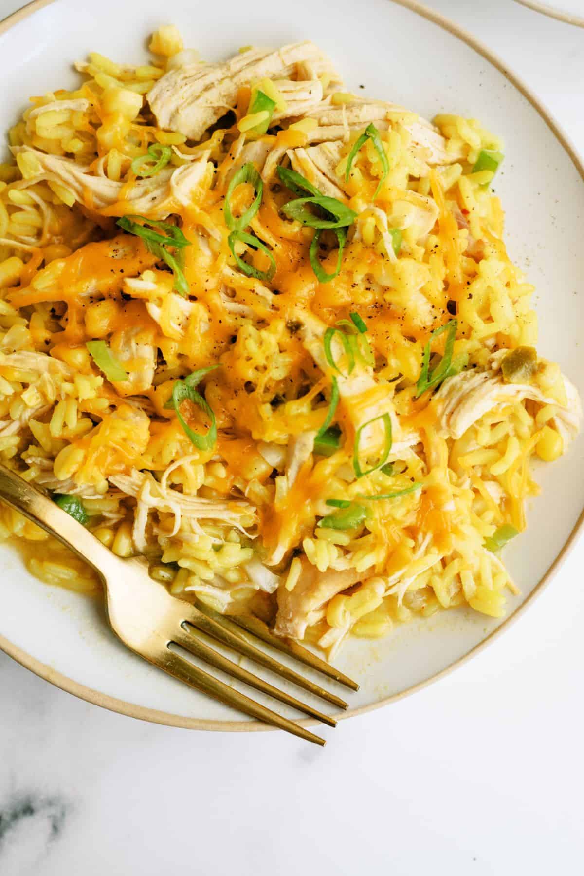 Slow Cooker Cheesy Chicken and Rice on a plate with a fork