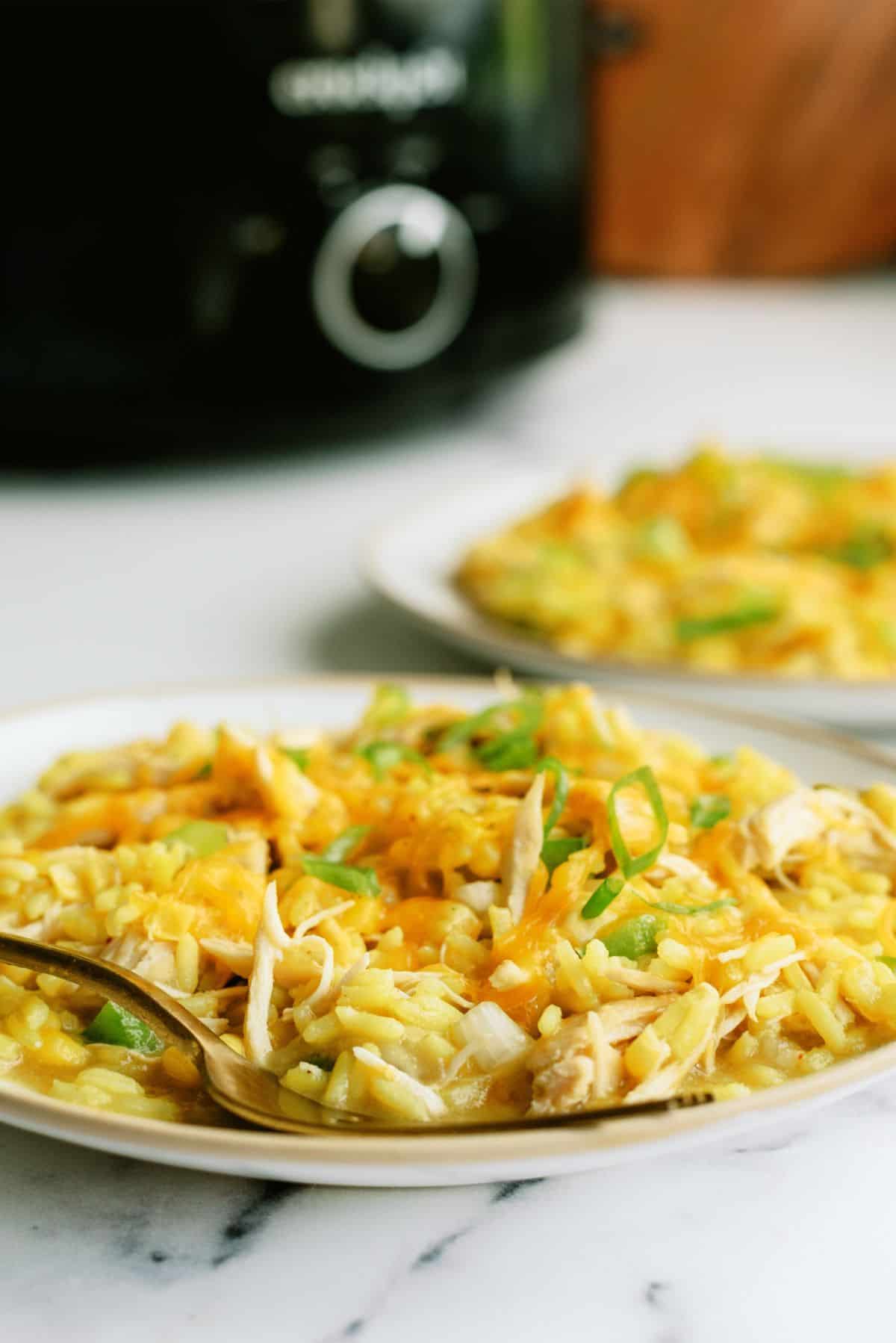 A plate of Slow Cooker Cheesy Chicken and Rice with the slow cooker in the back ground