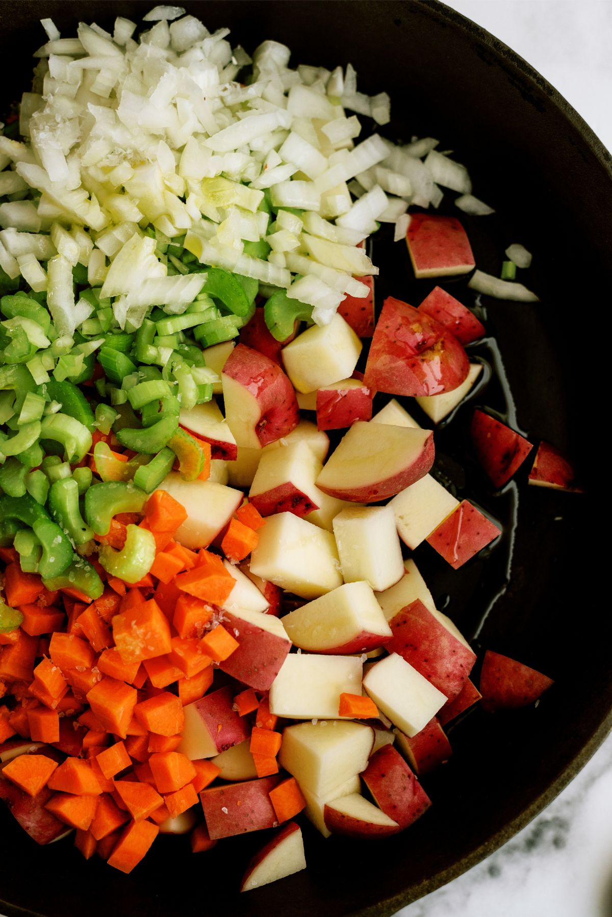 Chopped veggies in a skillet