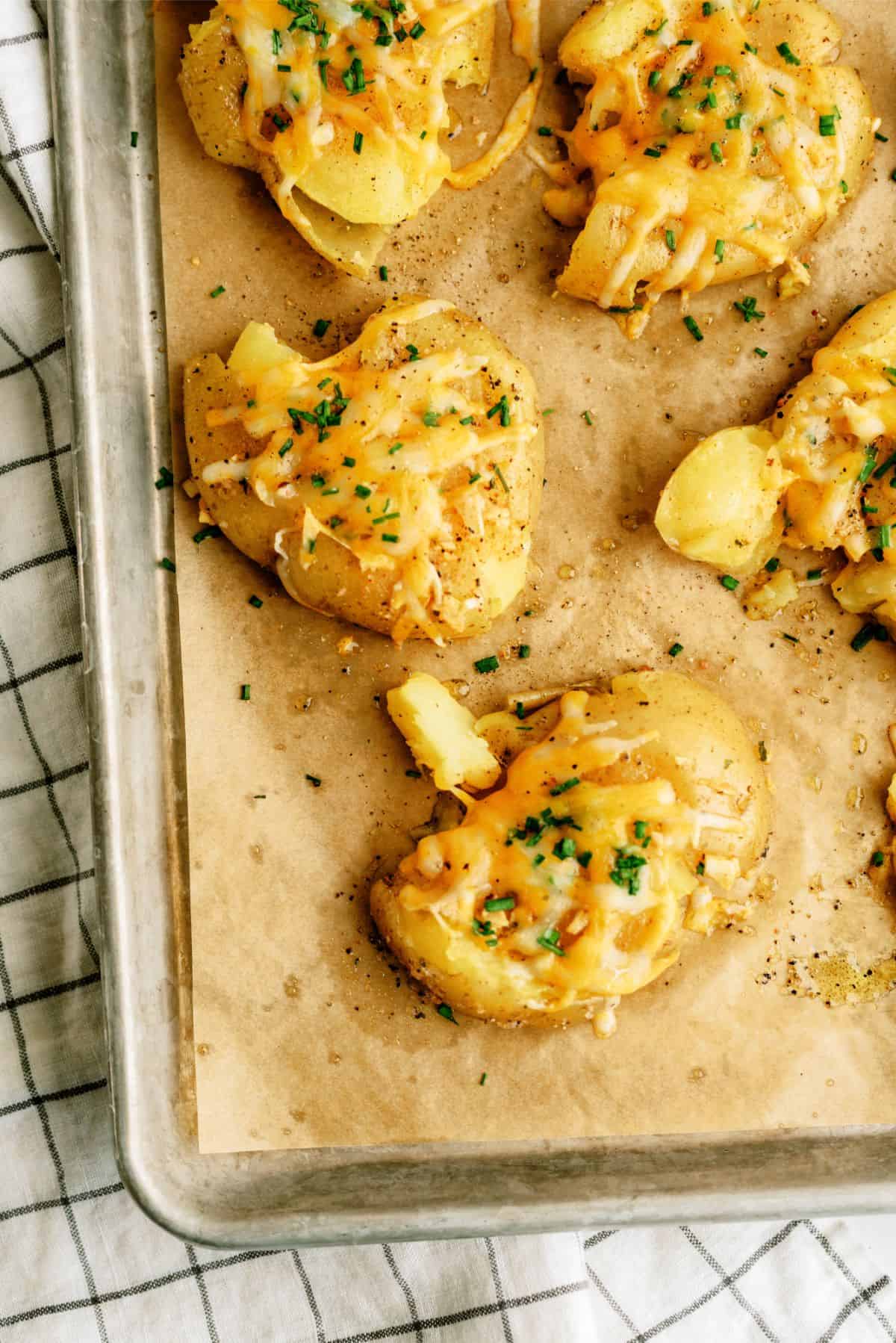 Top view of Smashed Cheesy Potatoes