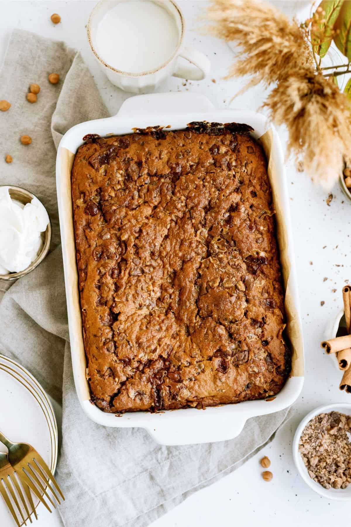 Top view of Caramel Toffee Pumpkin Cake in a cake pan