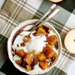 A bowl of cinnamon apples topped with vanilla ice cream with fresh cut apples around the bowl.