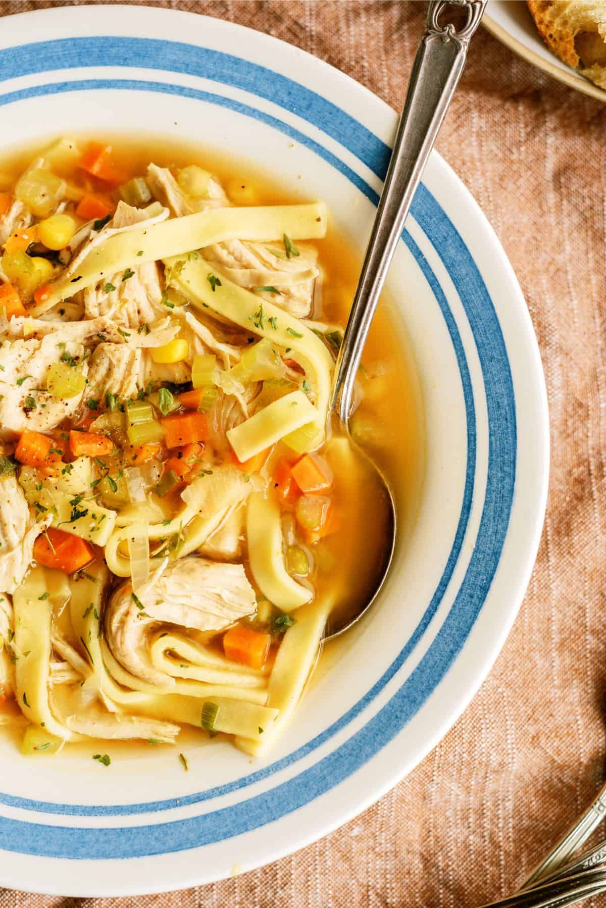 Top view of a bowl of Instant Pot Chicken Noodle Soup with a spoon