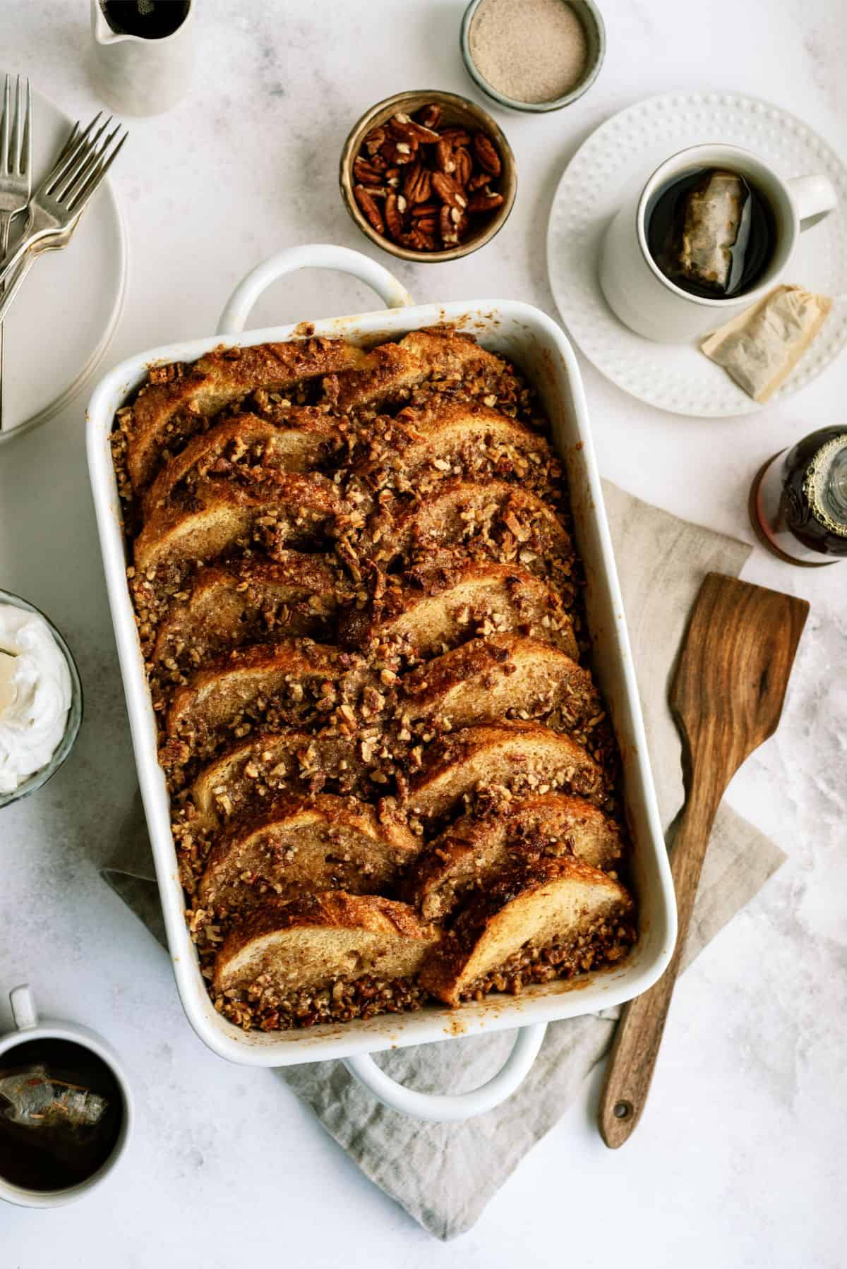 Overnight Praline Pecan French Toast Bake in baking pan