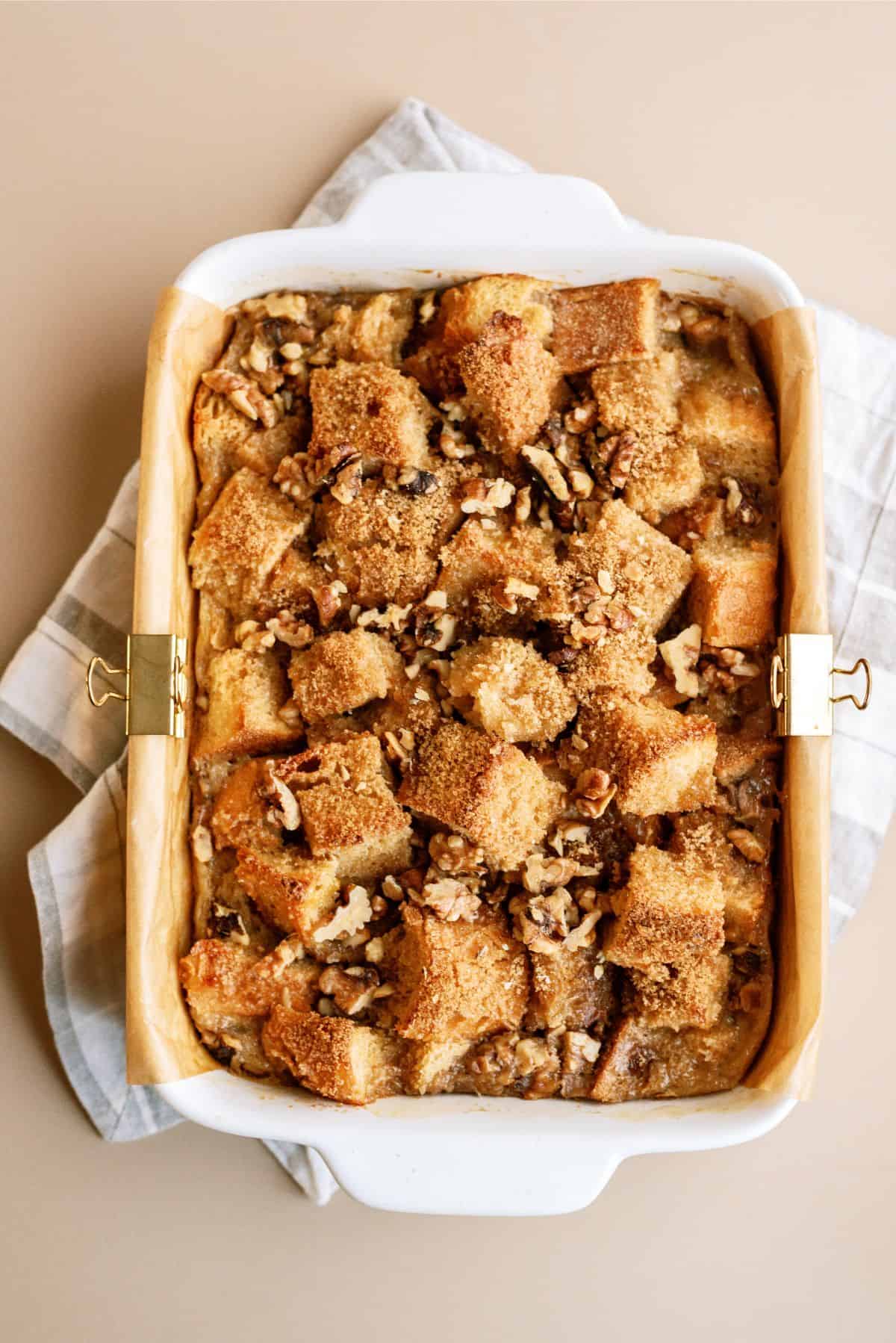 Brown Sugar and Maple Bread Pudding in casserole dish