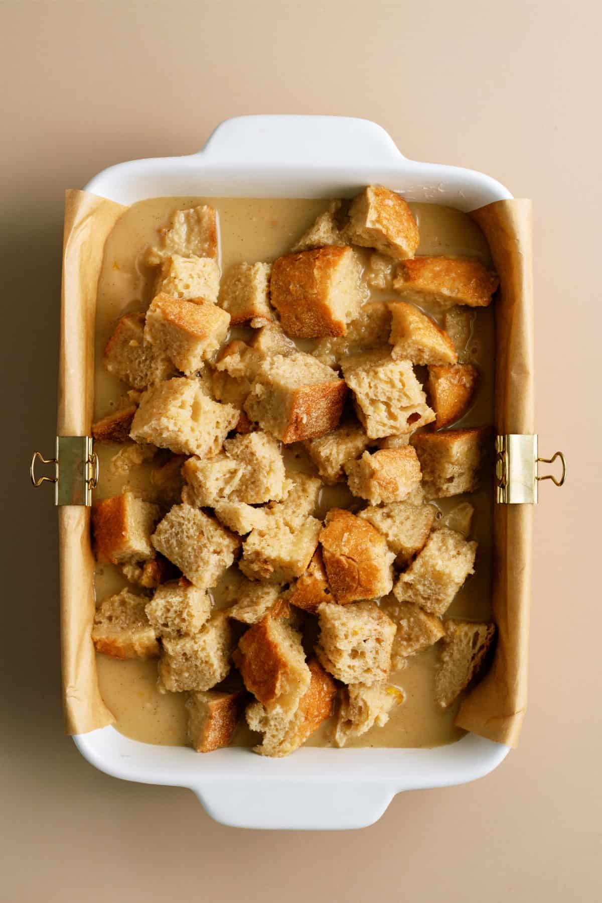 Bread pudding mixture in casserole dish