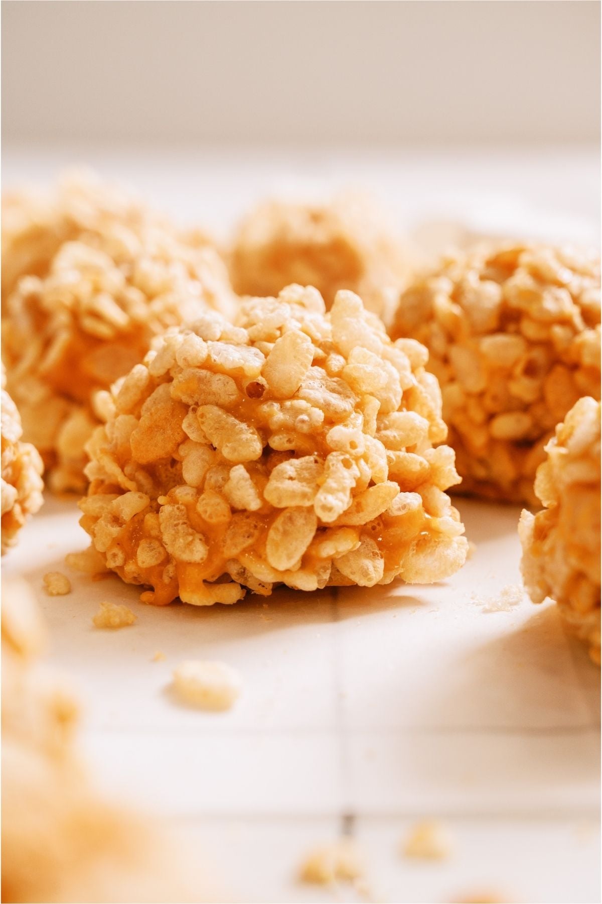 Side view of Caramel Marshmallow Rice Krispie Balls.