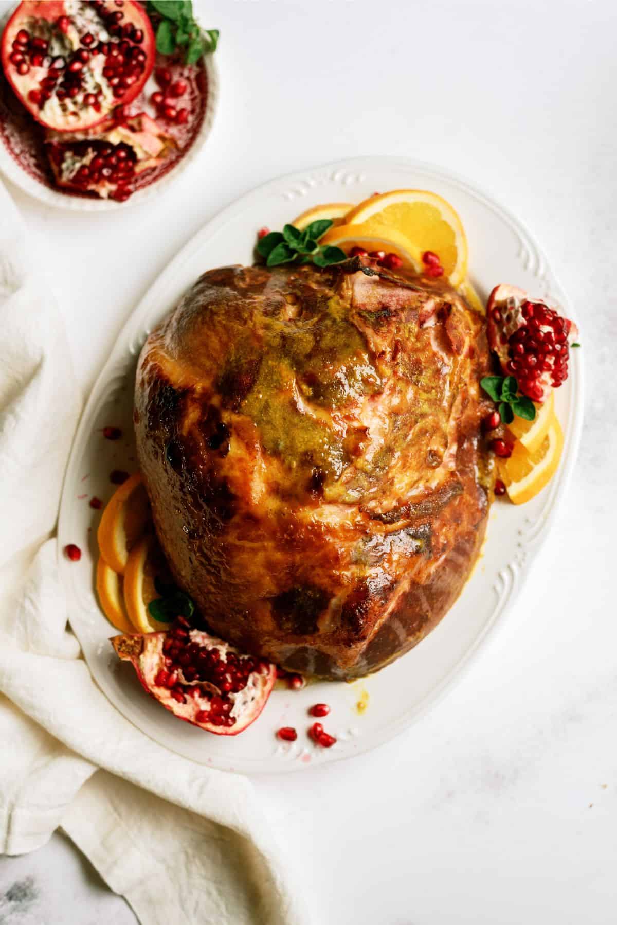 Top view of Roasted Ham Shank on a serving platter